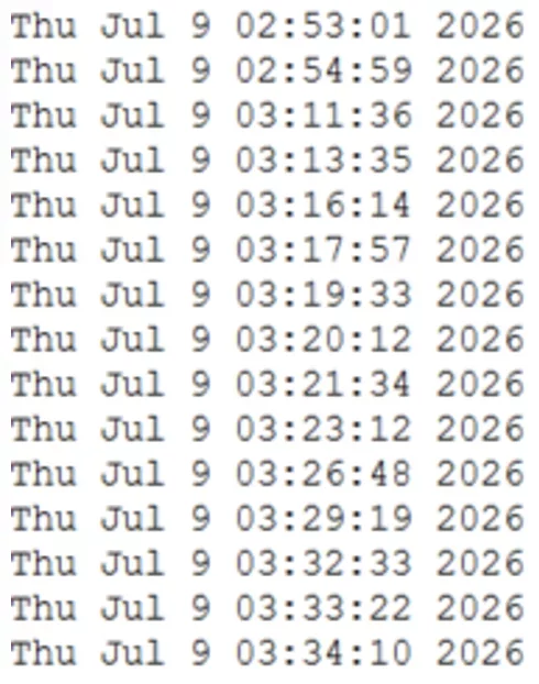 Screenshot showing a list of timestamps from Thursday, July 9, 2026, ranging from 2:53 a.m. to 3:34 a.m.