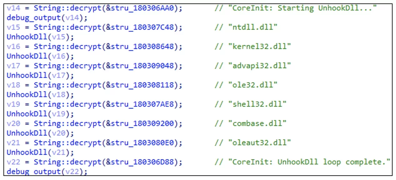 DLL exports table showing a main entry point and multiple obfuscated function names with corresponding memory addresses and ordinal values.