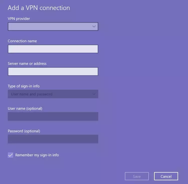 Windows Add a VPN Connection Configuration Window