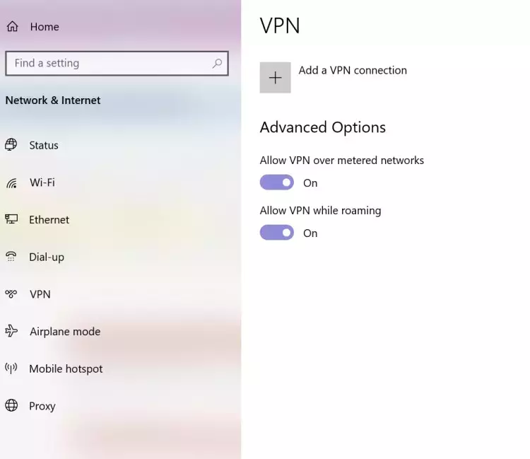 Pantalla de configuración de VPN en Windows