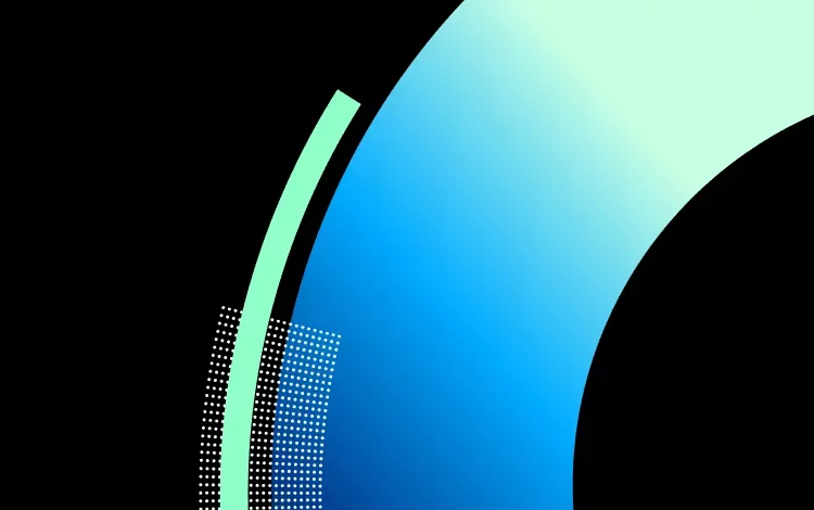 Abstract blue and green curved shapes on dark background.