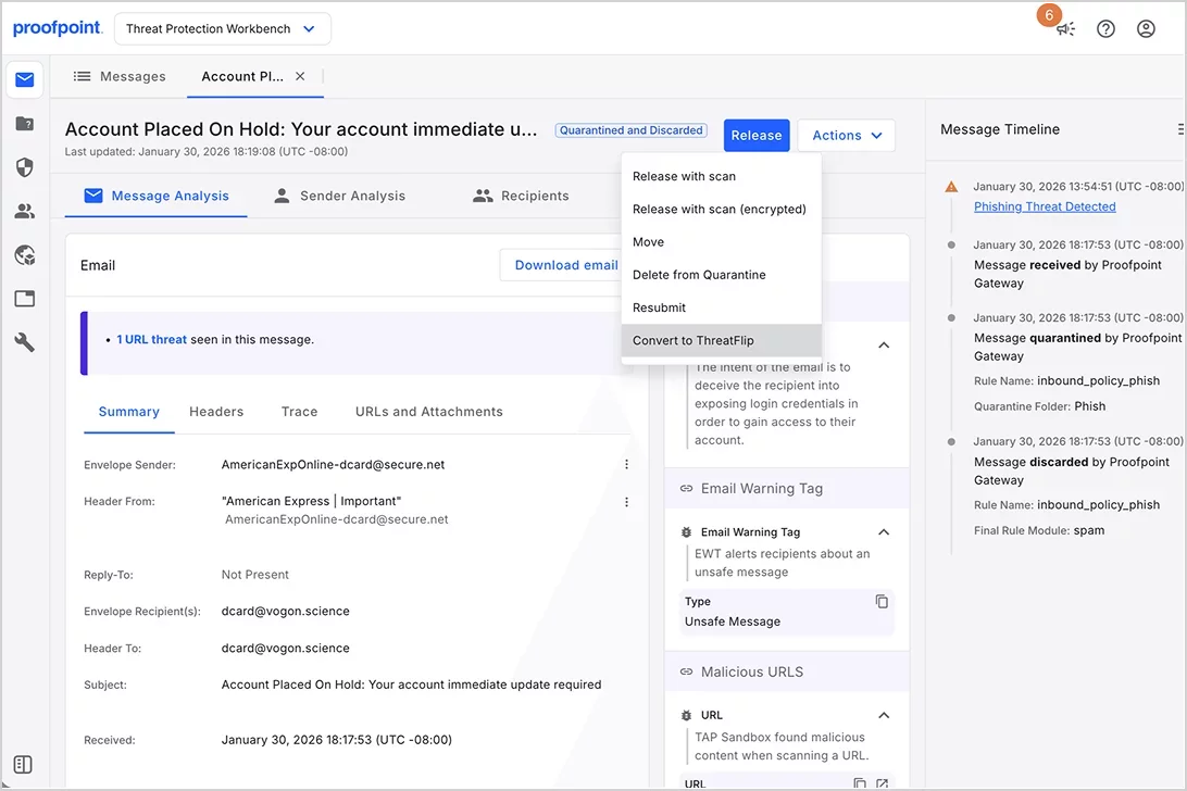 Proofpoint Threat Protection Workbench showing a quarantined phishing email, malicious URL detection and message remediation actions.