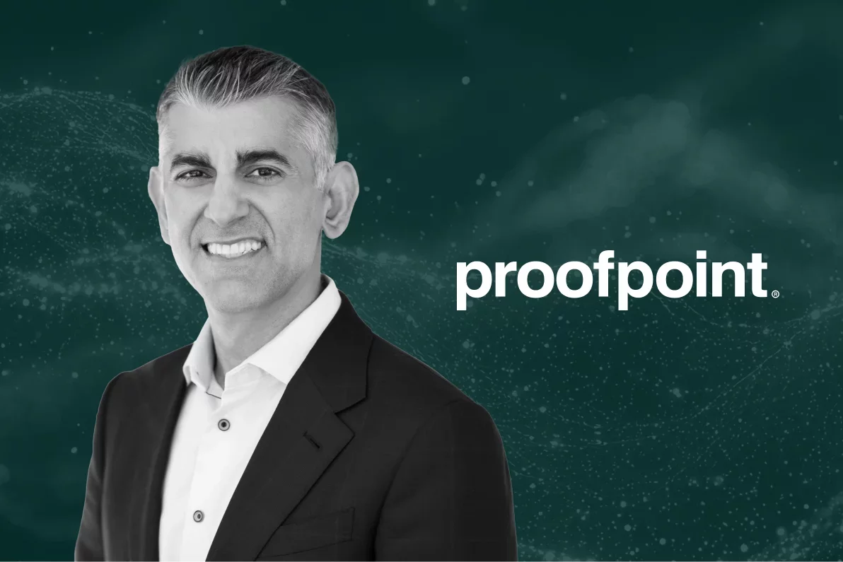 Black-and-white portrait of Sumit beside the Proofpoint logo
