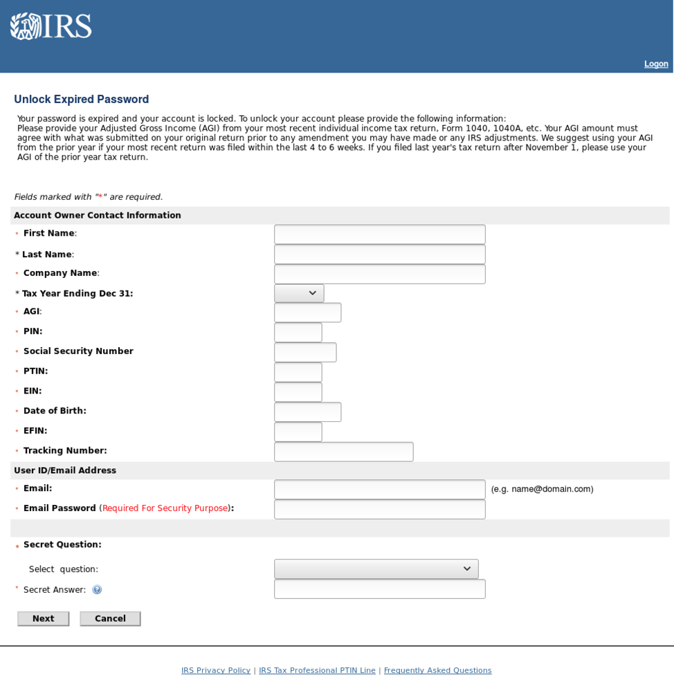 Locked account themed IRS credential phishing page