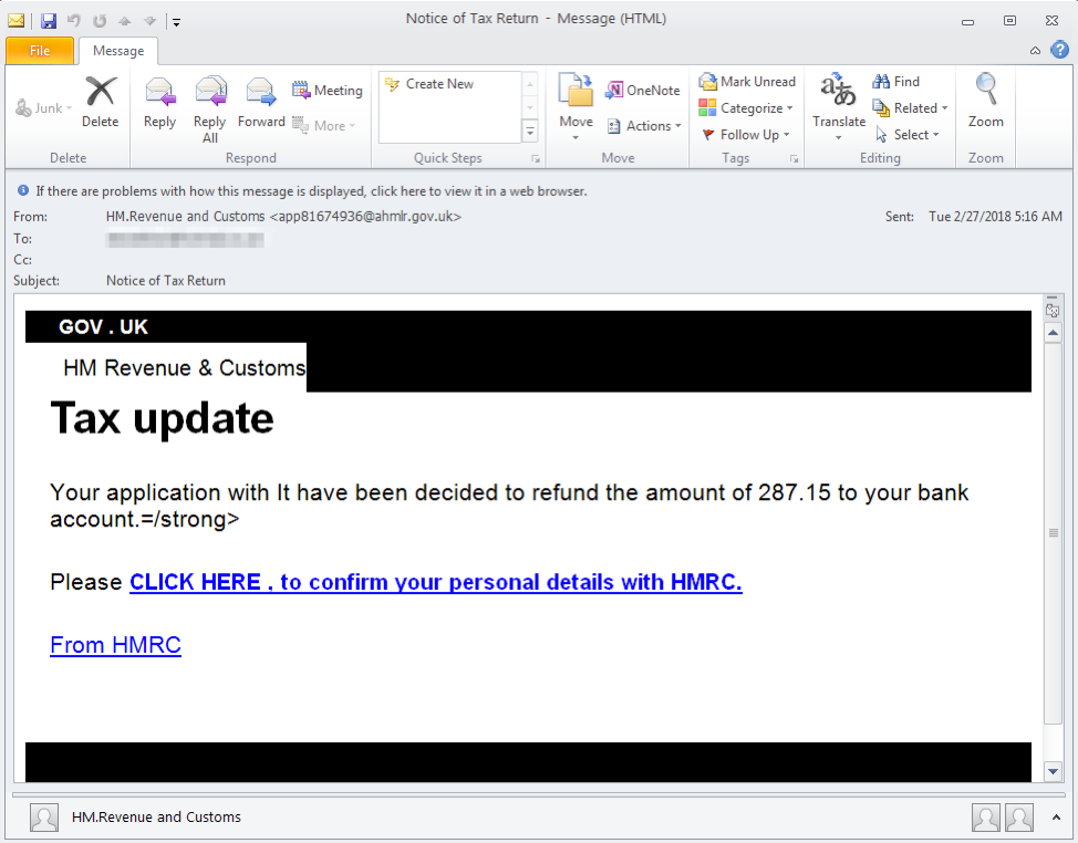 HMRC tax-themed phishing email lure