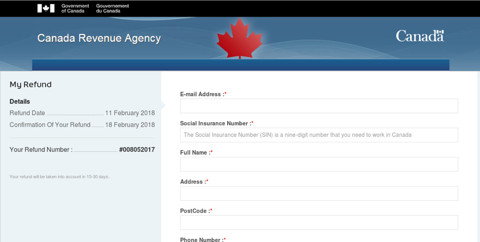 Fake Canadian revenue authority page used for credential phishing