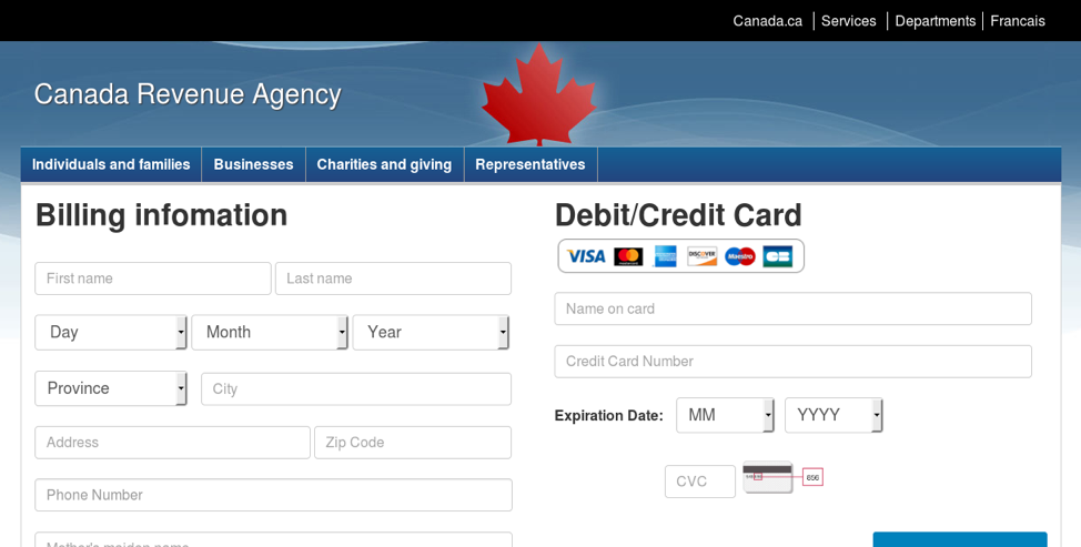 Fake Canada Revenue Agency page used for credential phishing