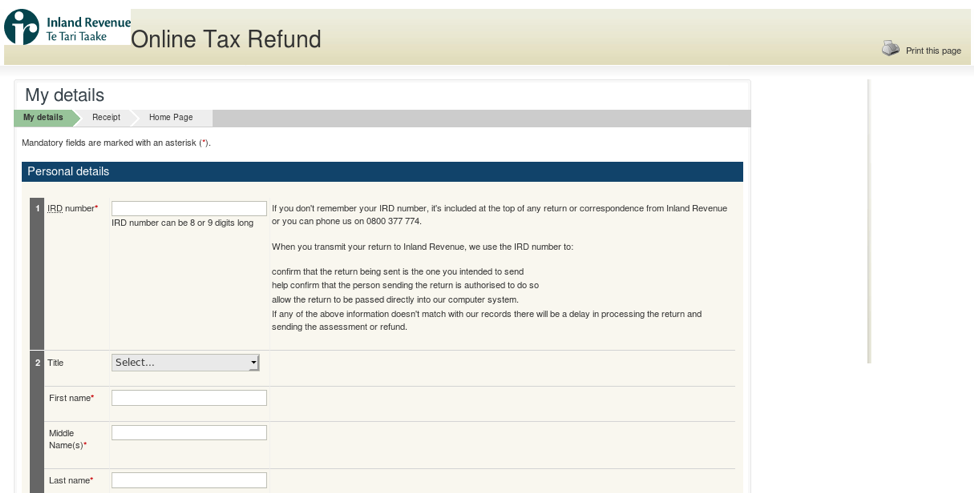 Fake Inland Revenue tax refund phishing page