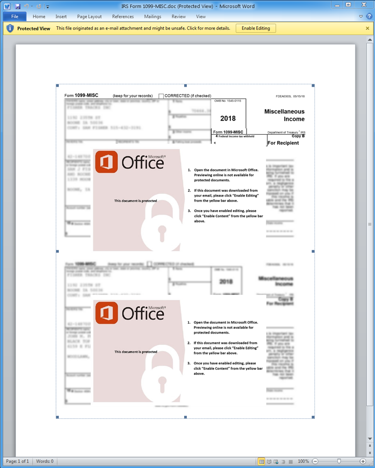 Malicious document attachment with fake error dialog that instructs the user to 'Enable Editing' to view document