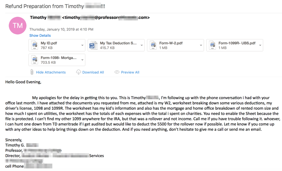 Email with specific references of legitimate tax forms like 'W2', '1098', and '1099R'
