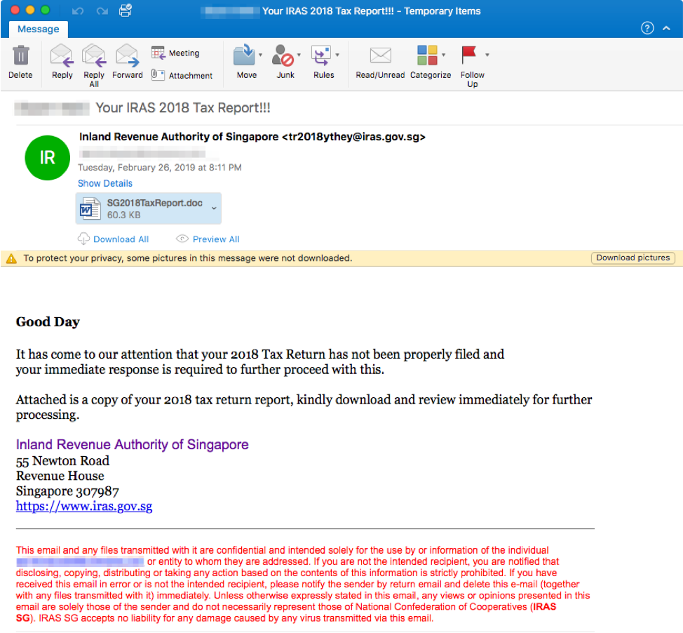 Email with spoofed 'Inland Revenue Authority of Singapore' sender address and tax-themed subject line