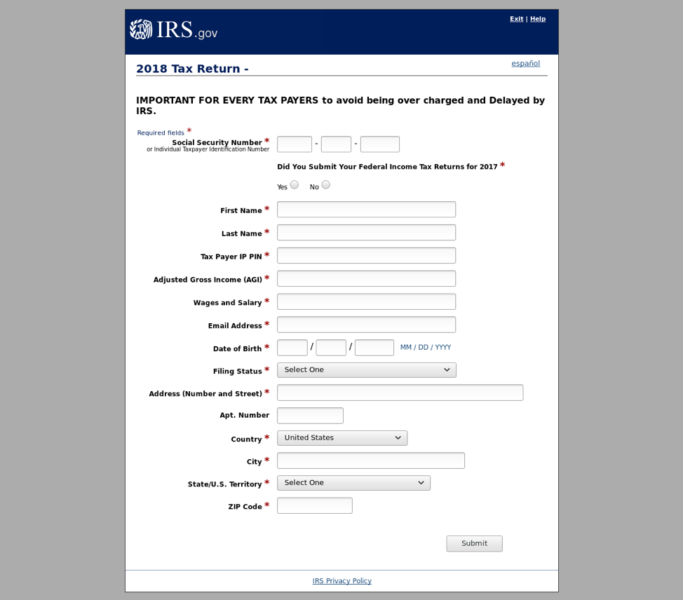 IRS-themed credential phishing page with stolen branding