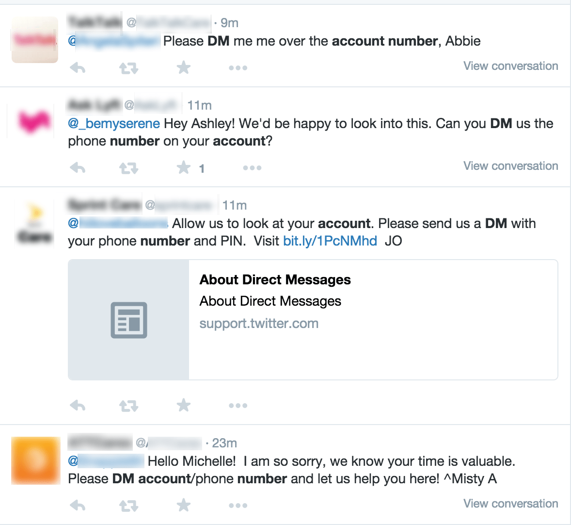 Example of legitimate social media support tweets