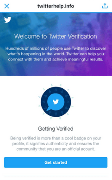 Fraudulent 'Twitter verification' phishing site at lookalike domain twitterhelp[.]info