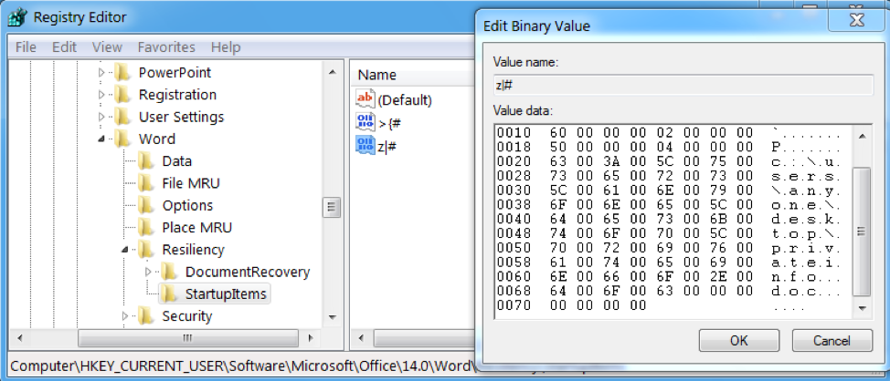 Registry value 'z|#' contains path to parent malicious document