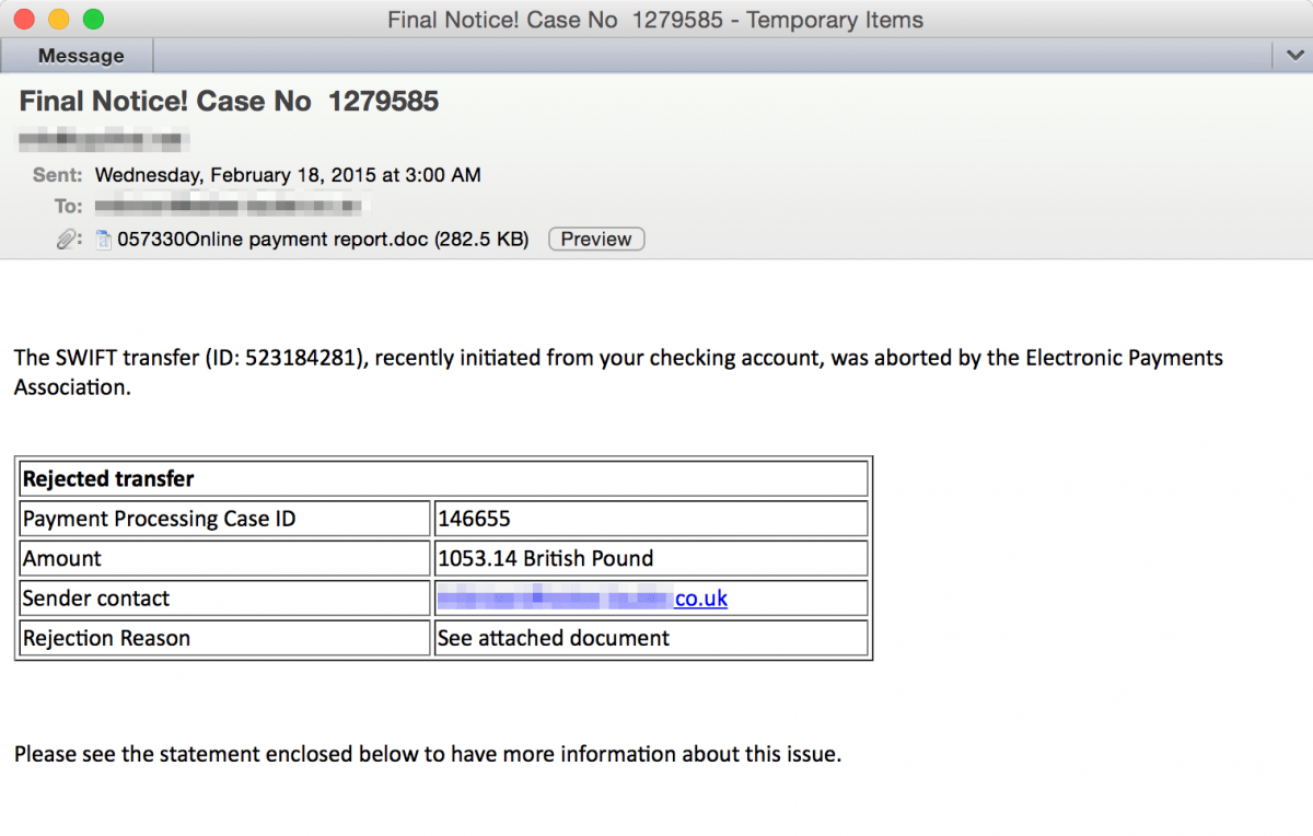 Malicious email containing Dridex botnet