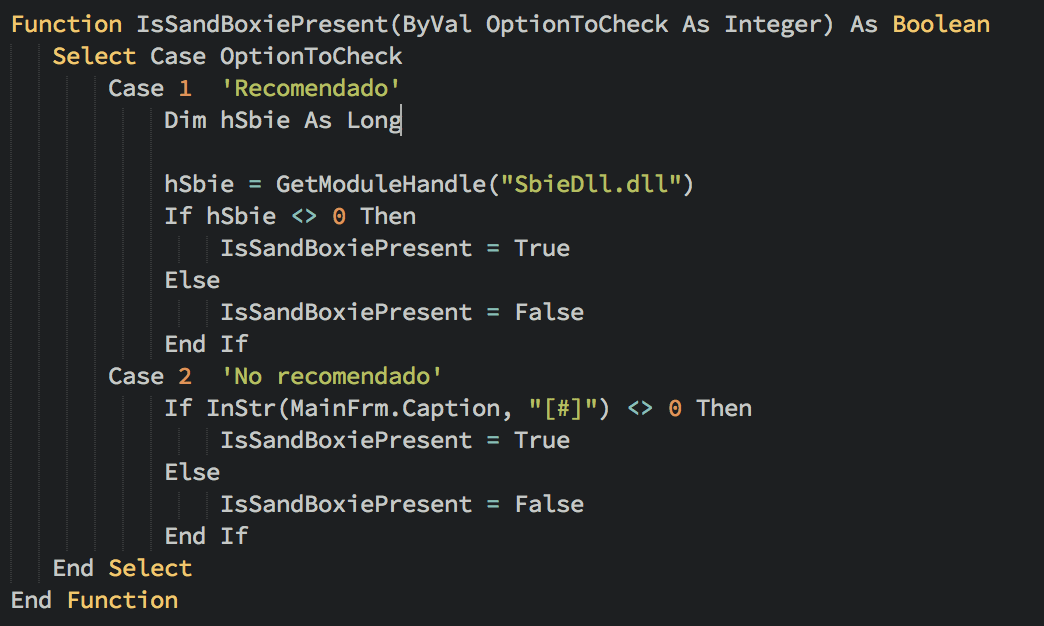 Malicious macro function to check for Sandboxie