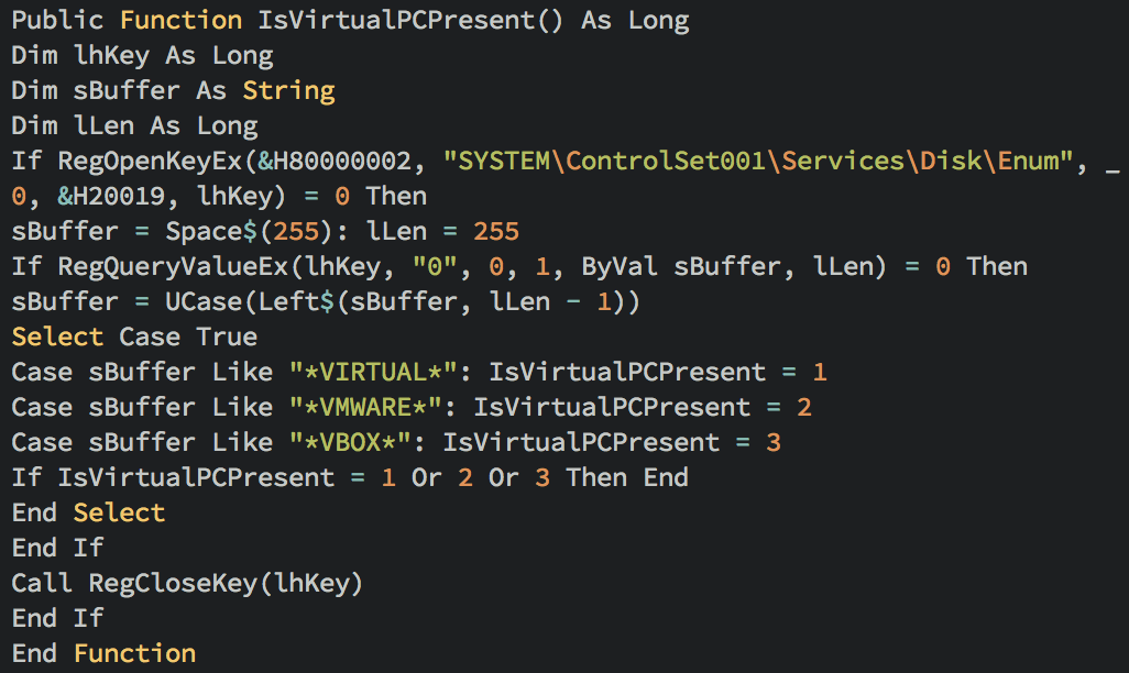 Malicious macro function to check for virtualization environment