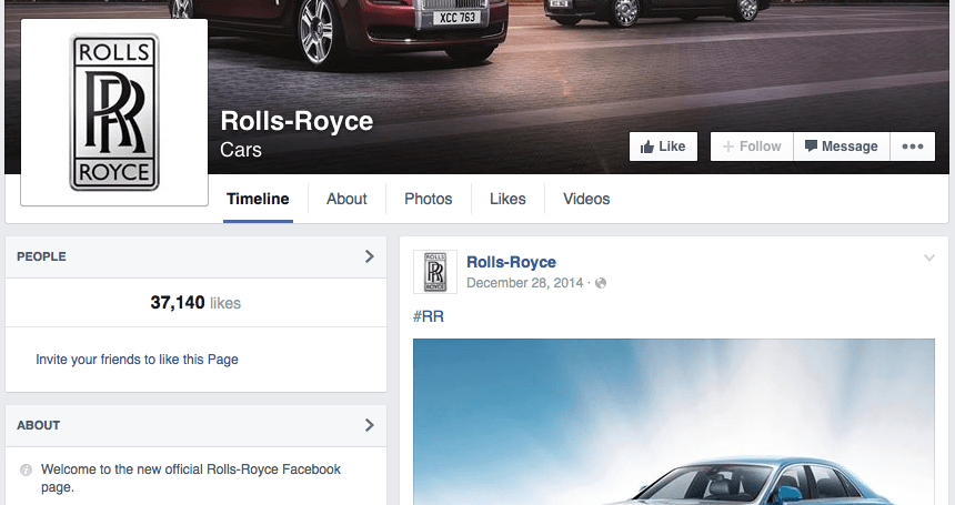 Fake Rolls-Royce Facebook page claiming to be official account