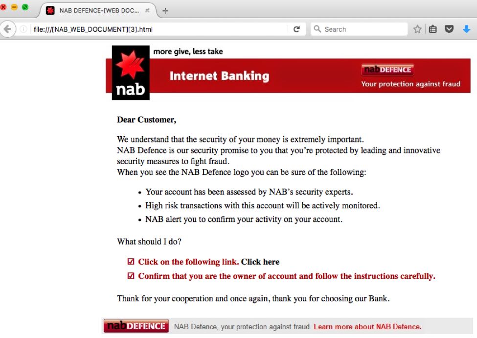 NAB Defence Phishing Landing Page