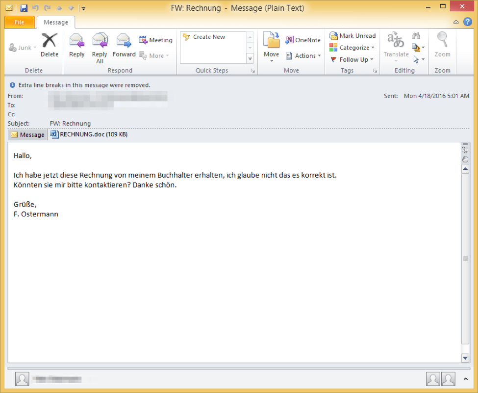 Ejemplo de phishing, recibo en aleman con ransomware