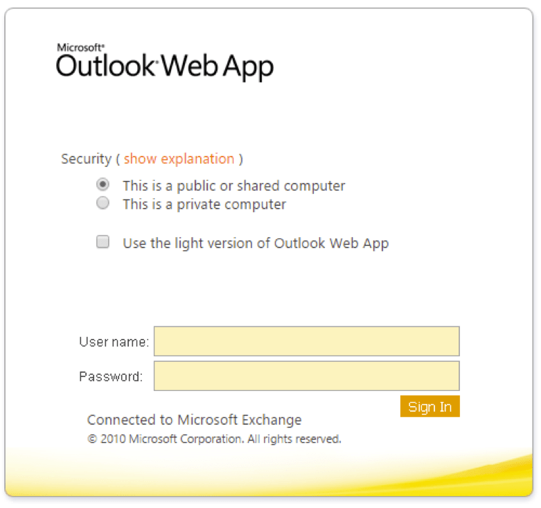 Outlook Web Access credential phishing page