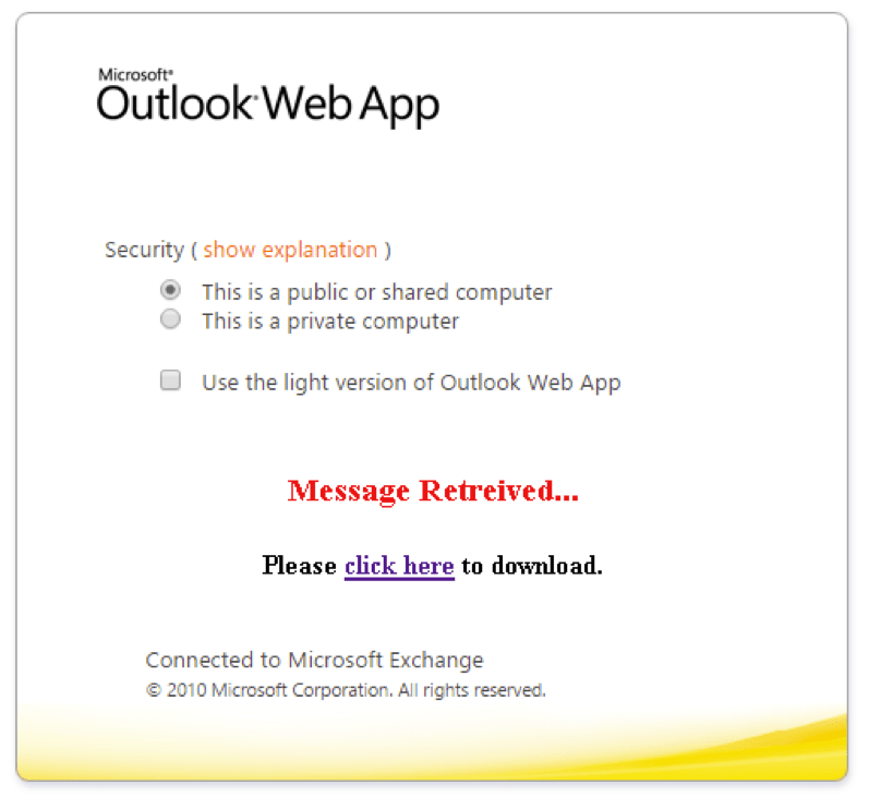 Prompt to download malicious document following entry of credentials into phishing page