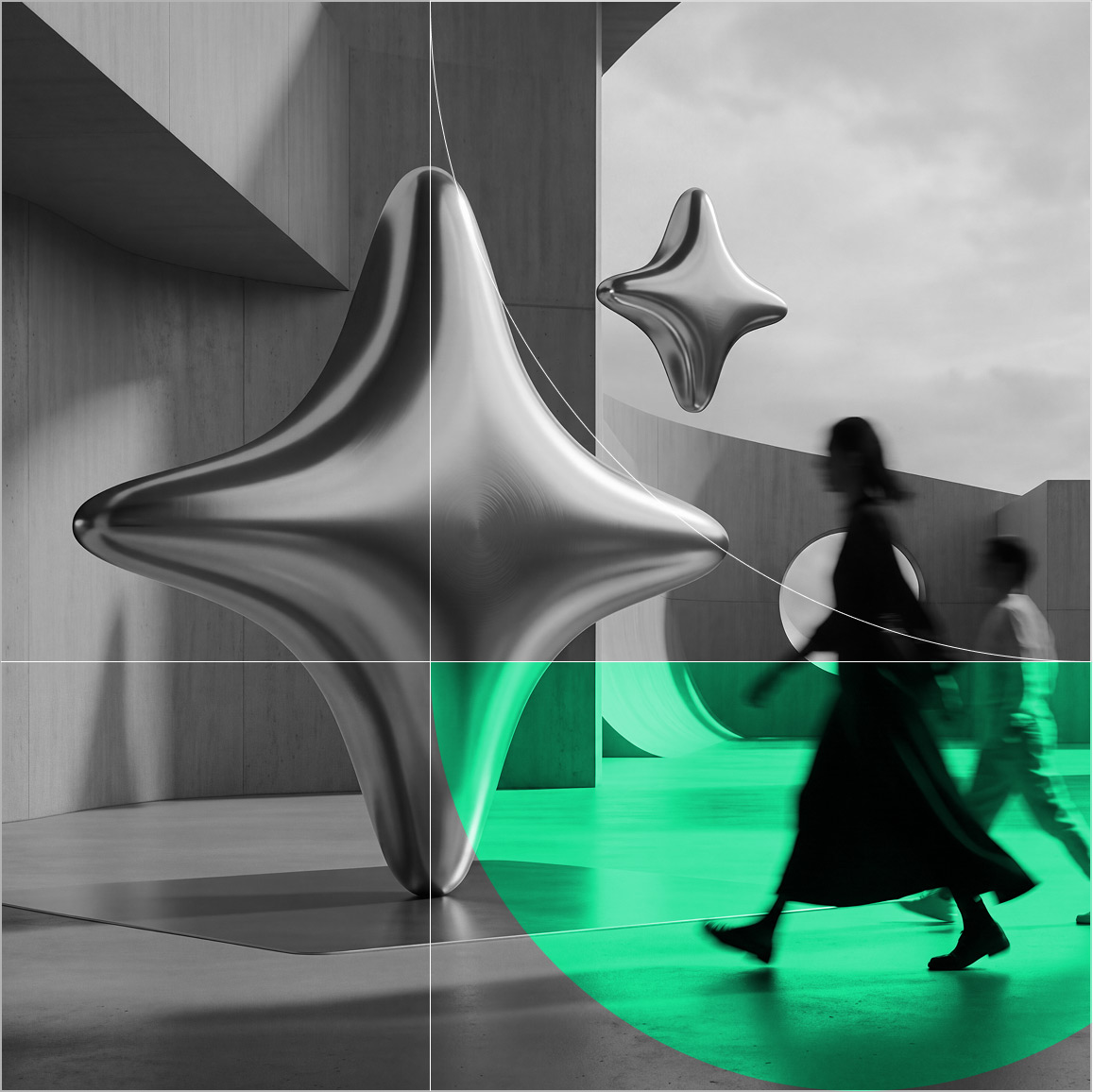 Abstract silver star-shaped sculptures in a minimalist concrete space, with blurred figures walking through a green-lit area in the foreground