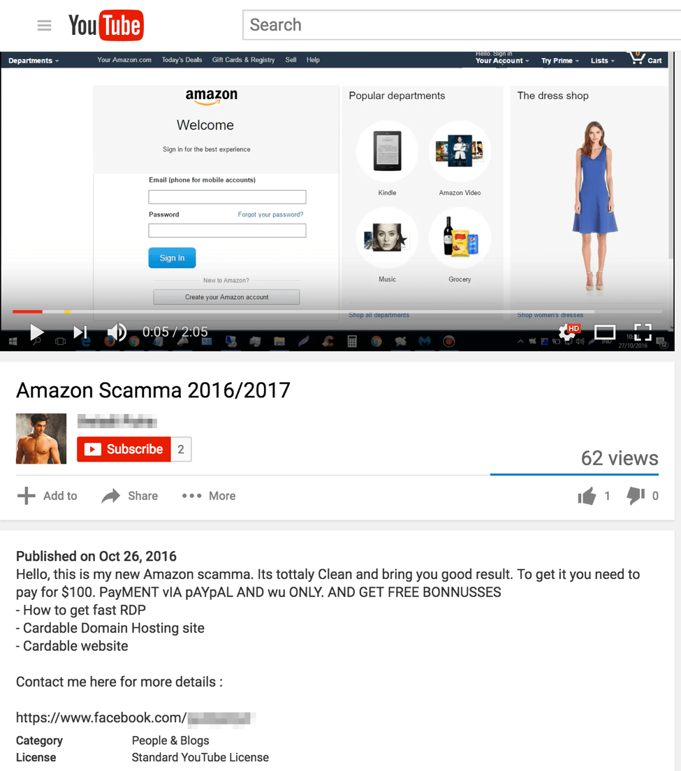 YouTube demo video of Amazon phishing template with Facebook link to contact author