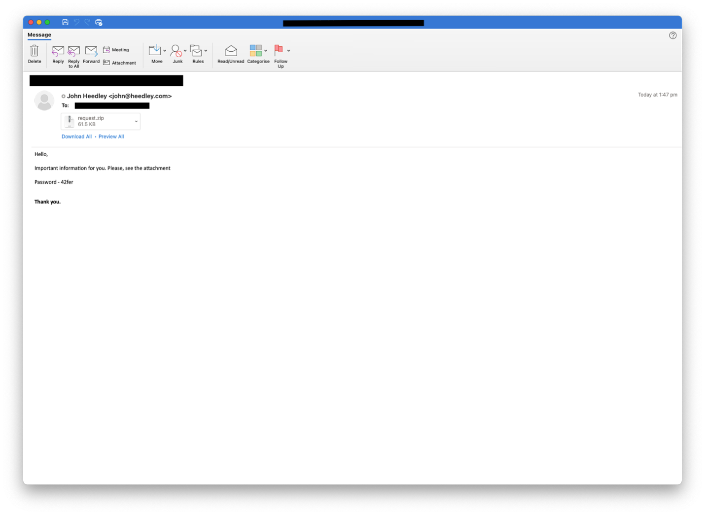 Figure: Thread hijacked email containing zipped Word document.