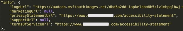 Terms of service and policy statement URLs in Azure AD API response.