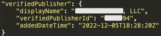 Microsoft Verified publisher" information in Azure AD API response.