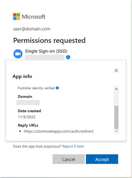 App info details for the same malicious app, "Single Sign-on (SSO)" (impersonated organization's domain name is redacted).
