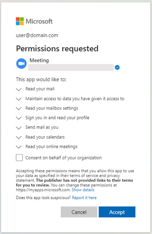 Authorization request and app scopes for malicious app, "Meeting" (publisher name is redacted).