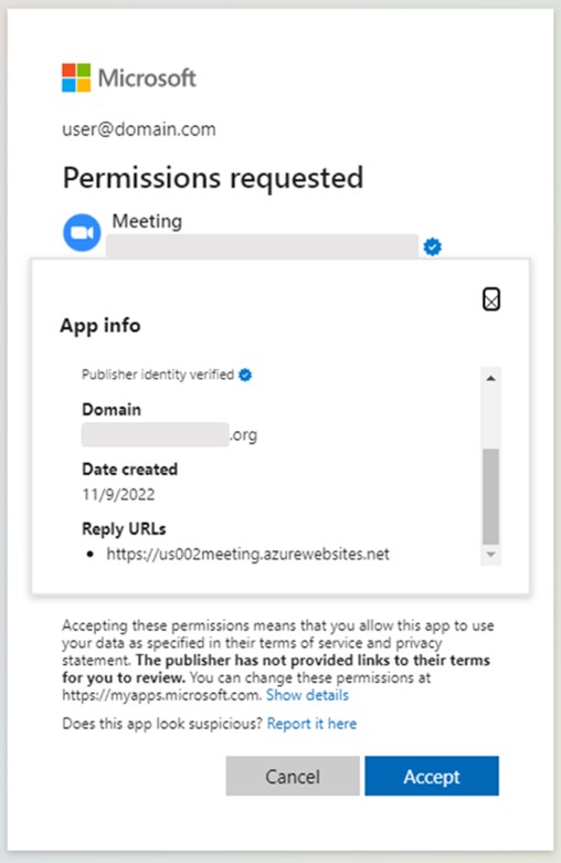 App info details for the same malicious app, "Meeting" (impersonated organization's domain name is redacted).